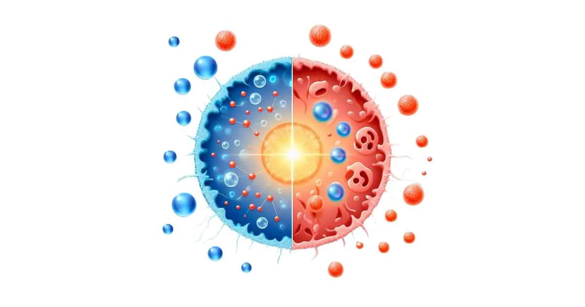 Illustration showing antioxidants neutralizing free radicals, with glowing, healthy skin cells contrasted against damaged cells