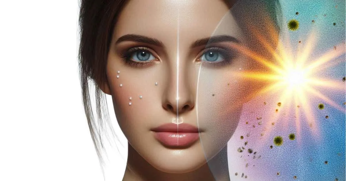 A woman’s face protected by an invisible barrier that shields her from pollution particles and UV rays, illustrating the effect of antioxidants