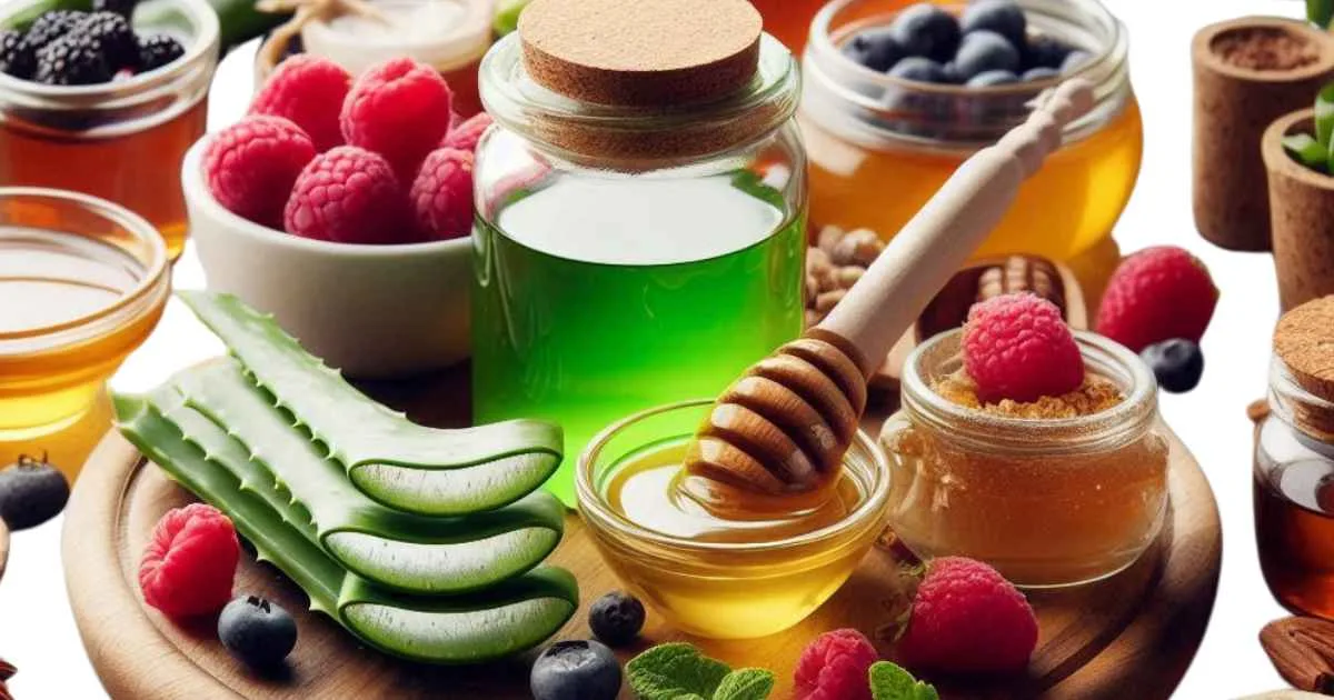Close-up of fresh natural ingredients for DIY antioxidant skincare, including aloe vera, honey, green tea leaves, and berries.