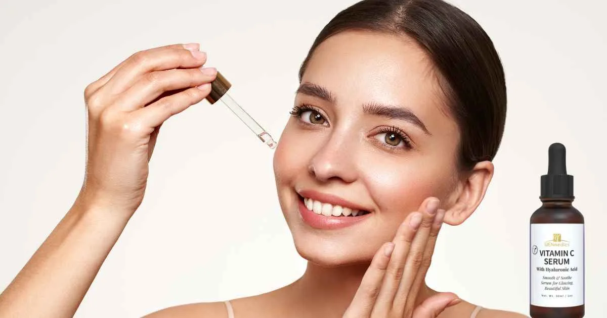 Image of a woman applying antioxidant serum in the evening, showcasing a calm and reflective moment of self-care.