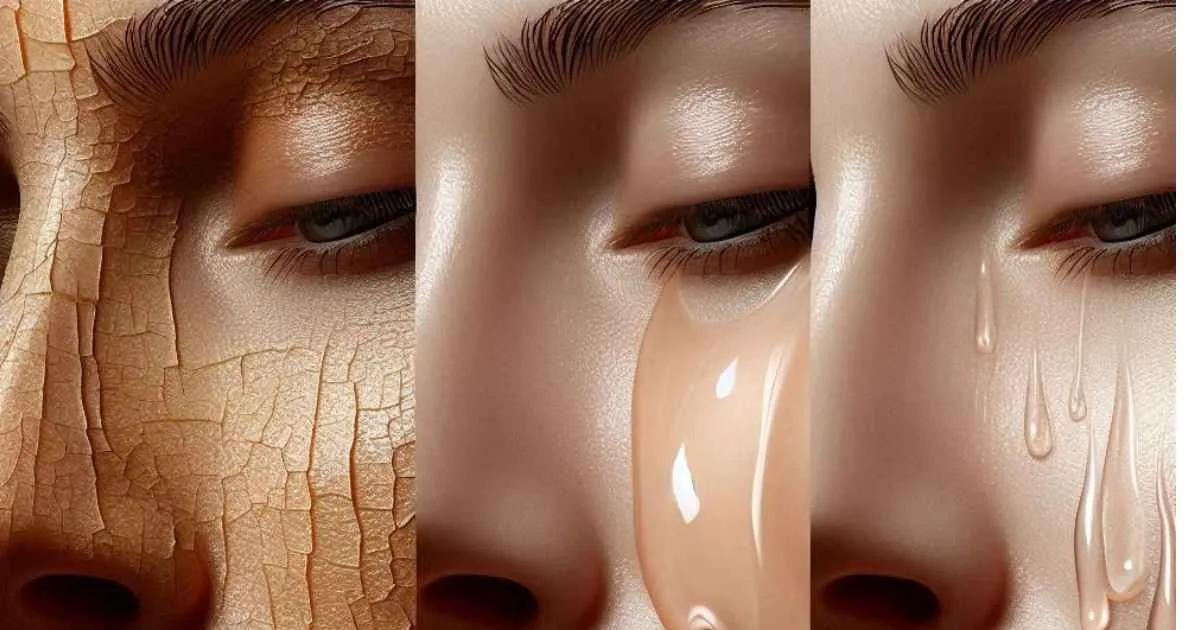 Close-up view of different skin textures—dry, oily, combination—transforming into hydrated, smooth skin after antioxidant treatment.